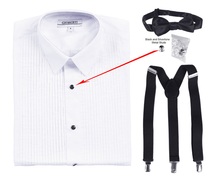 Boy's White Tuxedo Dress Shirt with Bow Tie & Suspenders and Metal Studs