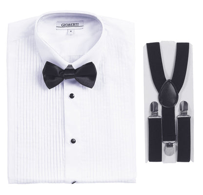 Boy's White Tuxedo Dress Shirt with Bow Tie & Suspenders and Metal Studs