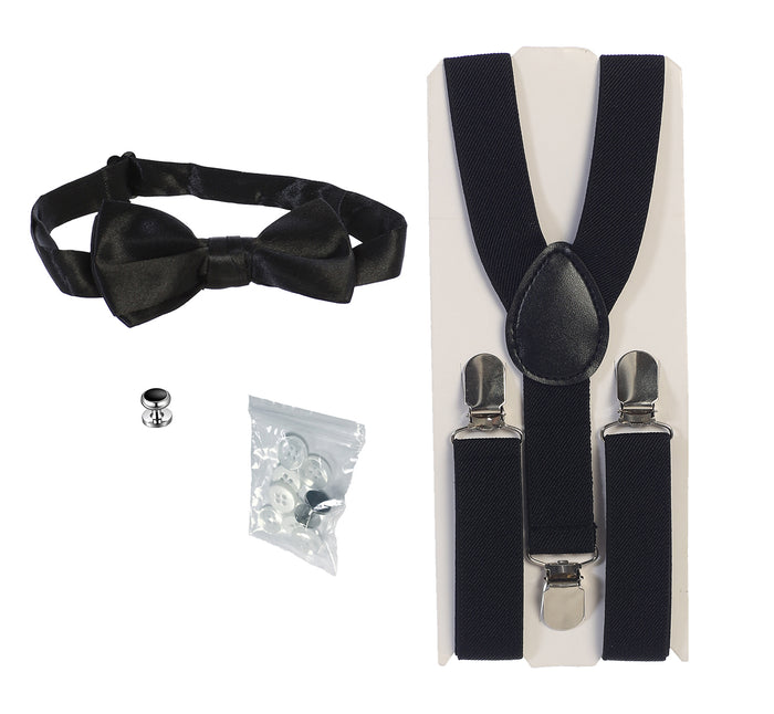 Boy's White Tuxedo Dress Shirt with Bow Tie & Suspenders and Metal Studs