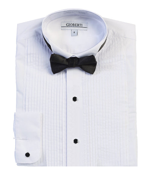 Boy's Wing Tip Collar White Tuxedo Dress Shirt with Bow Tie and Metal Studs