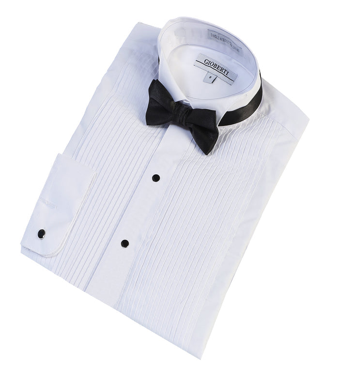 Boy's Wing Tip Collar White Tuxedo Dress Shirt with Bow Tie and Metal Studs