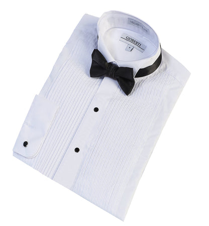Boy's Wing Tip Collar White Tuxedo Dress Shirt with Bow Tie and Metal Studs