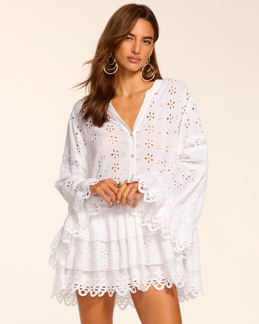 Roxanne Cotton Eyelet Coverup Mini Dress | WHITE