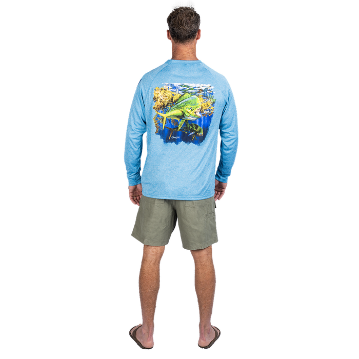 Hook M' Men's Long Sleeve Shirt - Mahi 3 Gulf Blue Heather