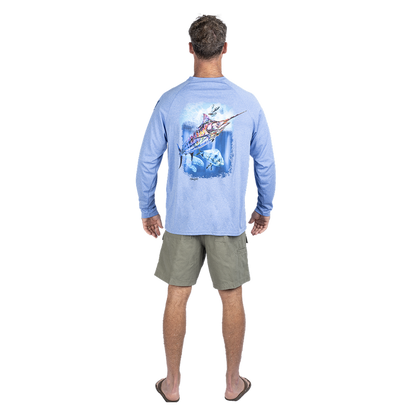 Hook M' Men's Long Sleeve Shirt - Marlin 3 Ultra Marine Heather