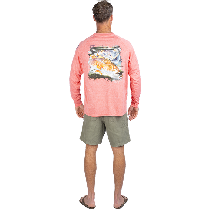 Hook M' Men's Long Sleeve Shirt - Redfish Trout 2 Cayenne Heather