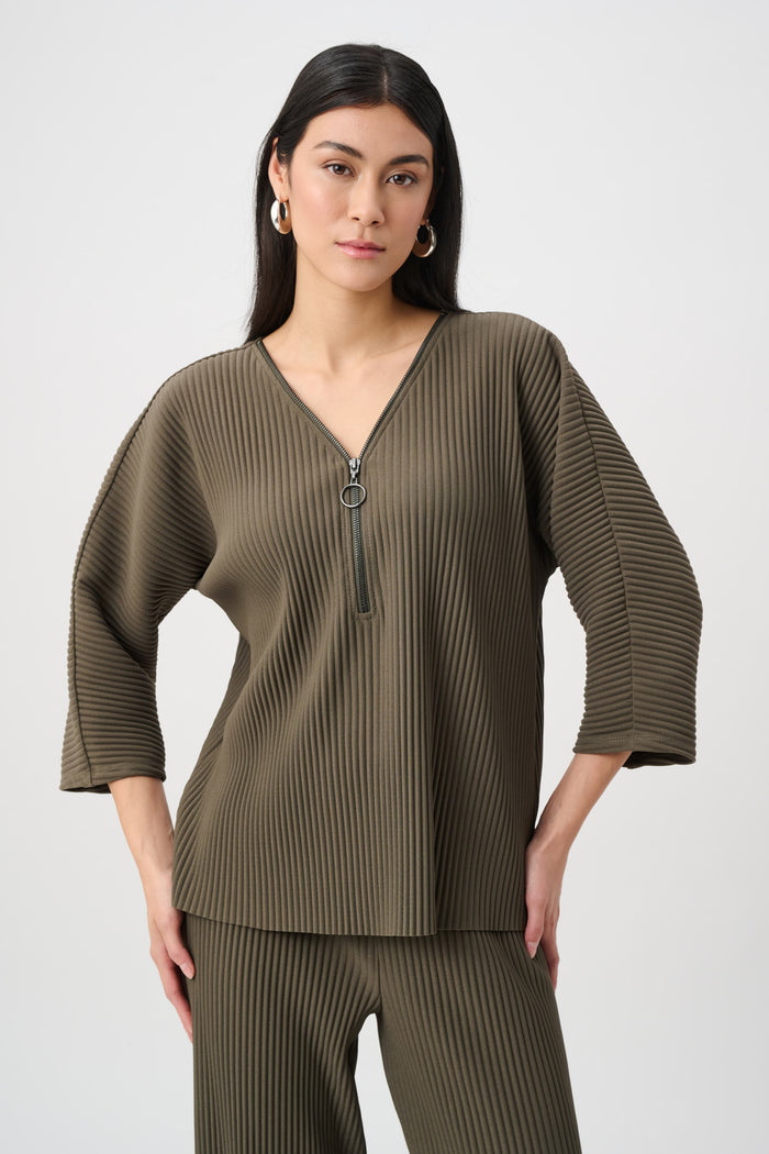 JOSEPH RIBKOFF PLEATED SCUBA CREPE ZIPPED NECK TOP
