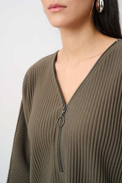 JOSEPH RIBKOFF PLEATED SCUBA CREPE ZIPPED NECK TOP