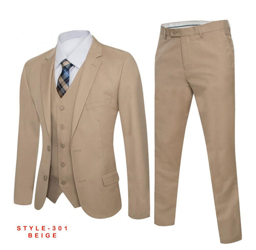 Men's Beige Solid Suit Slim Fit (3 PCS)
