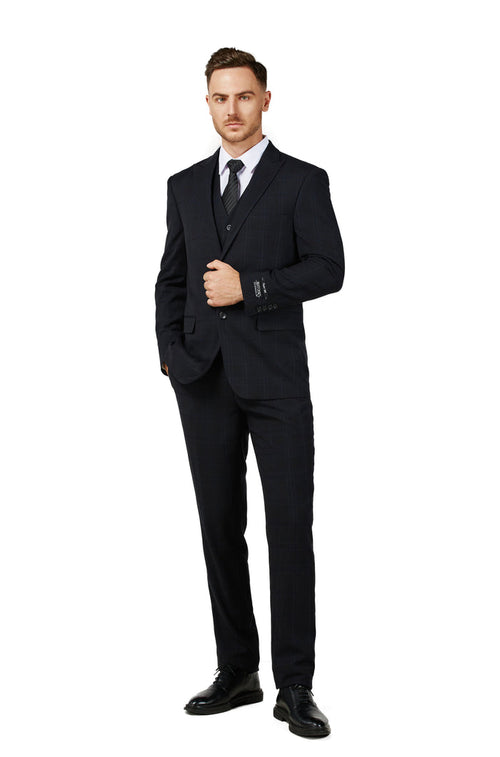 Men's Black Checker Notched Lapel Suit Slim Fit (3 PCS)