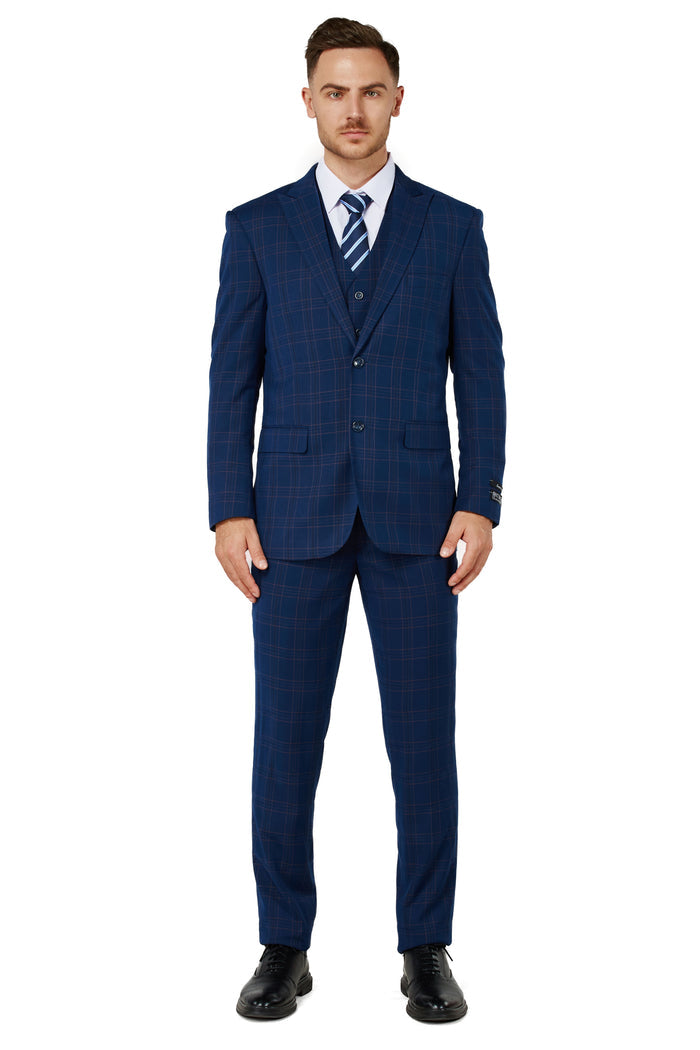 Men's Blue Checker Notched Lapel Suit Slim Fit (3 PCS)