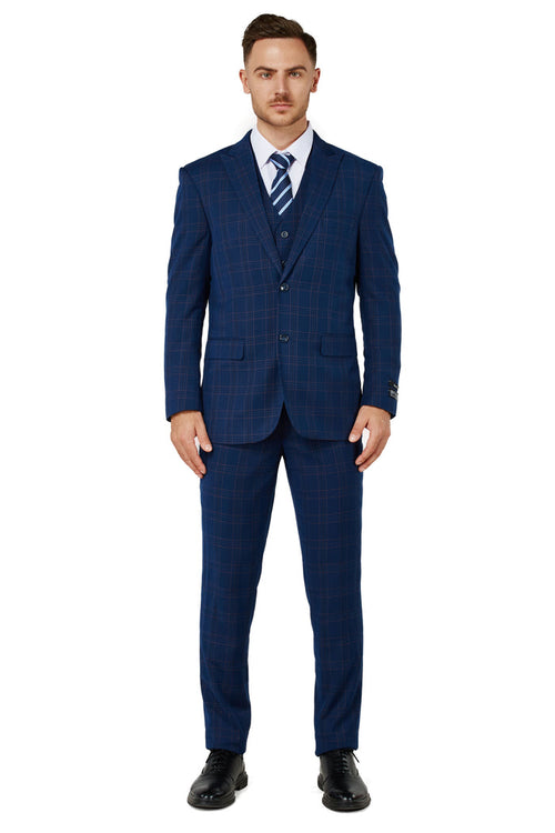 Men's Blue Checker Notched Lapel Suit Slim Fit (3 PCS)