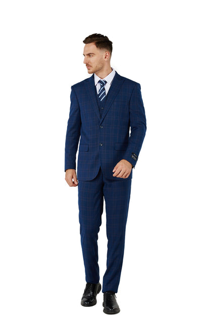Men's Blue Checker Notched Lapel Suit Slim Fit (3 PCS)