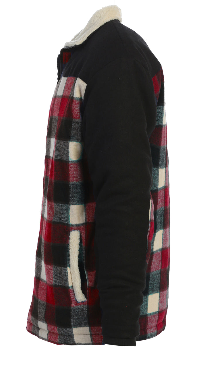 Men's Full Zip Wool-Like Plaid Jacket with Warm Cozy Inner Padding and Sherpa Collar