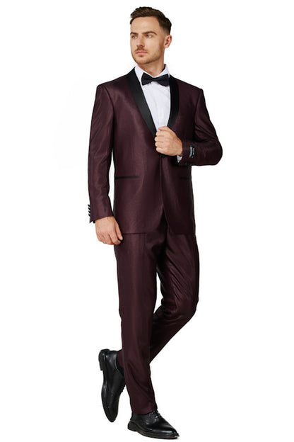 Men's Shiny Burgundy Shawl Lapel Tuxedo Slim Fit (2 PCS)