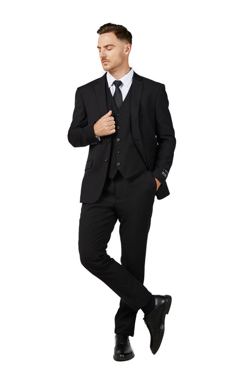 Men's Solid Black Notched Lapel Suit Slim Fit (3 PCS)