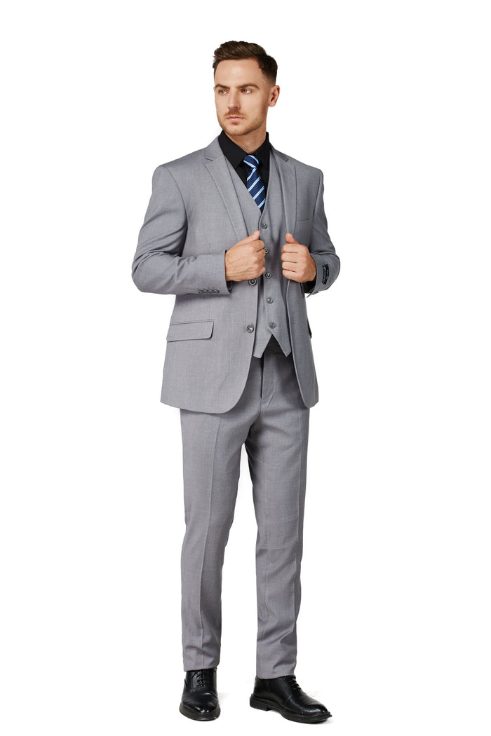 Men's Solid Light Gray Notched Lapel Suit Slim Fit (3 PCS)
