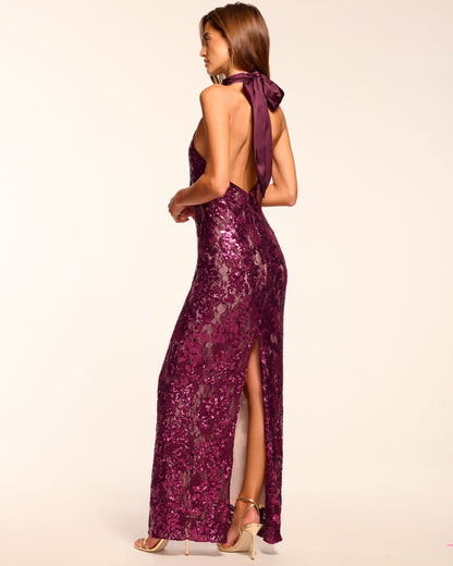 Tatiana Sequin Lace Halter Gown