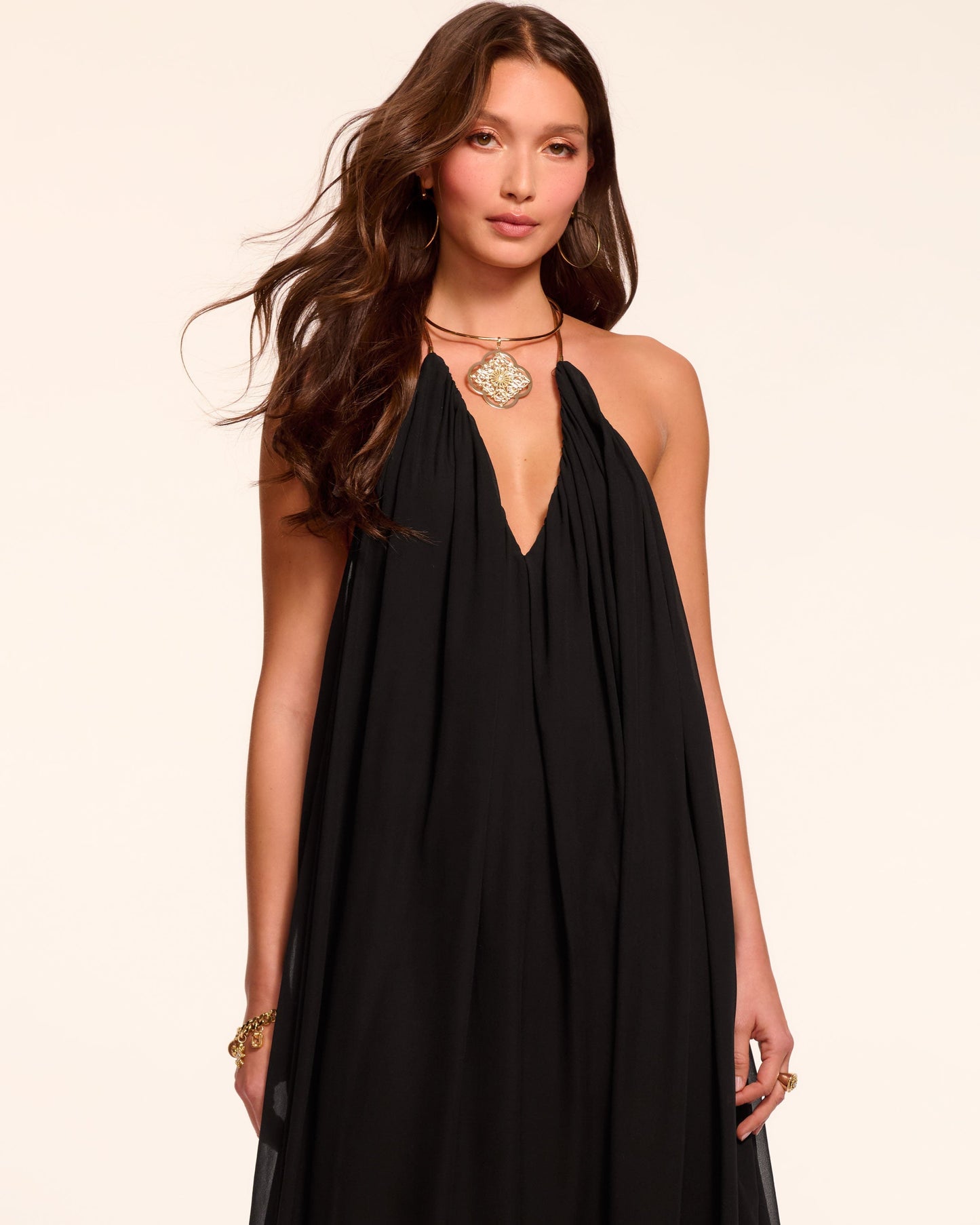 Rainn Chiffon V-Neck Halter Gown