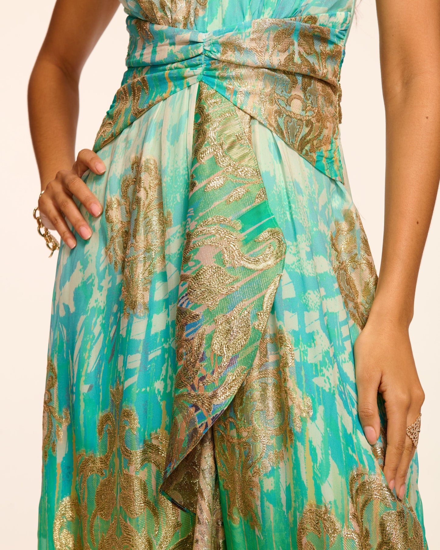 Stephanie Jacquard Plunging Halter Gown