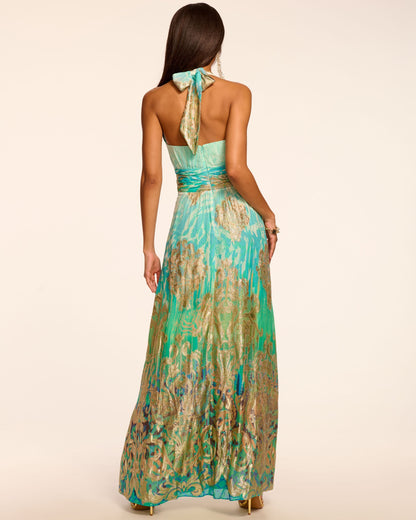 Stephanie Jacquard Plunging Halter Gown