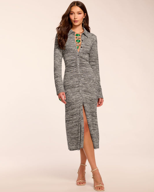 Rachelle Long Sleeve Ruched Lurex Knit Midi Dress