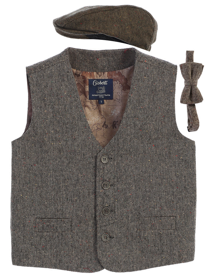 TODDLER'S, KID'S AND BOYS 3 PCS TWEED VEST, BOW TIE, AND CAP SET