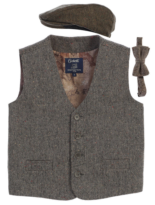 TODDLER'S, KID'S AND BOYS 3 PCS TWEED VEST, BOW TIE, AND CAP SET
