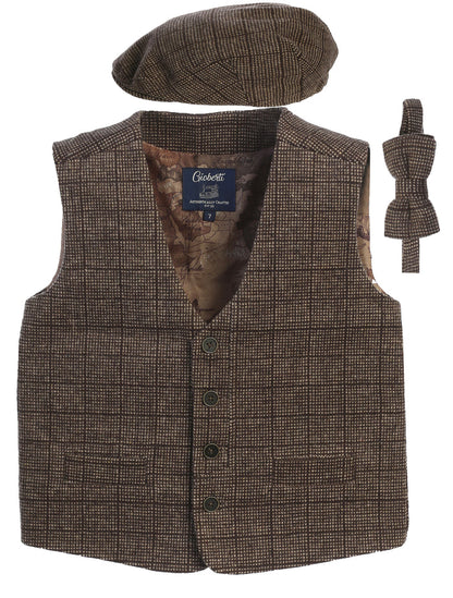 TODDLER'S, KID'S AND BOYS 3 PCS TWEED VEST, BOW TIE, AND CAP SET
